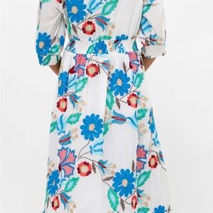 Oliphant White Dress with Blue and Red Floral Design
